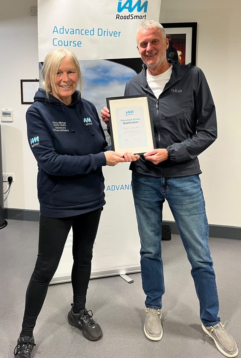 Mike Gosling and Shaz Mitchell displaying his Advanced Driver certificate